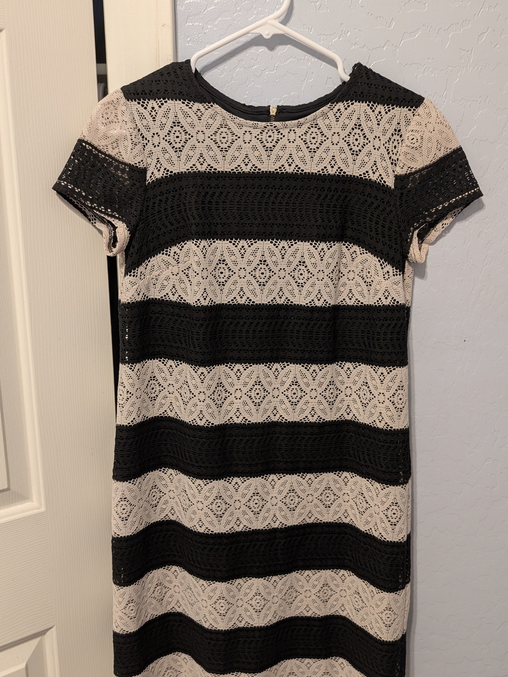 London Times Black and Cream Lace-Striped Midi Dress
